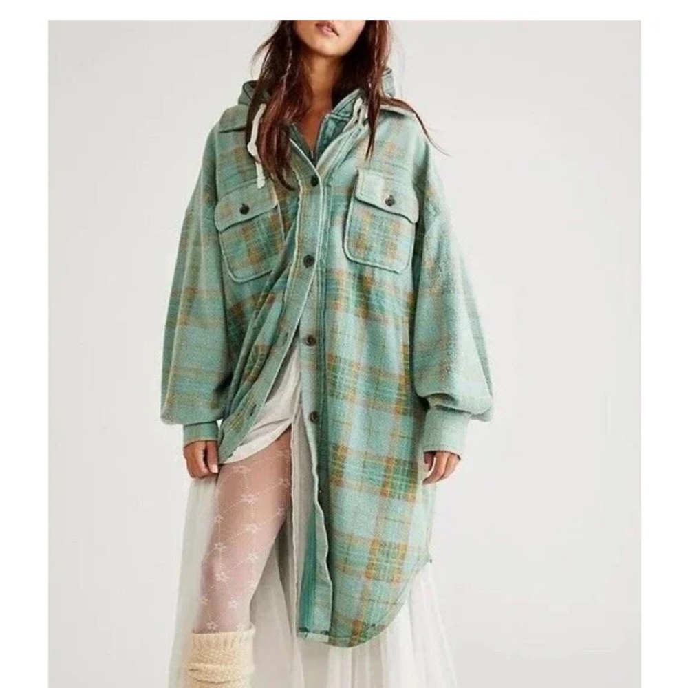 Free People Long Ruby Jacket Shacket Oversize Green Sage Combo Plaid Size Small